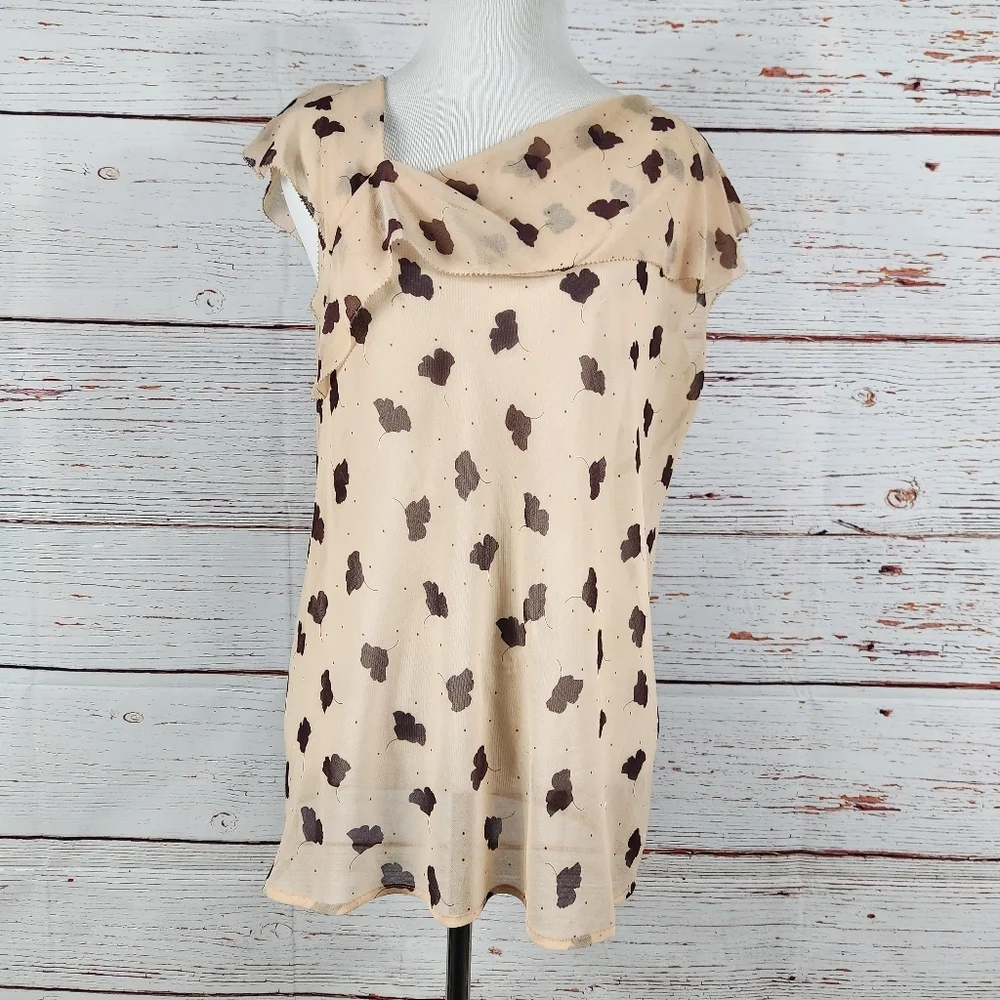 CAbi Playfall Me Sheer Ginkgo Leaf Print Flutter Sleeve Top (M) - Picture 2 of 5
